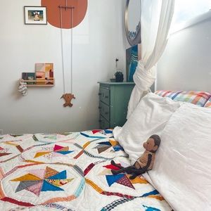 SOLD Antique Quilt “Scrappy Wheel of Fortune” KING